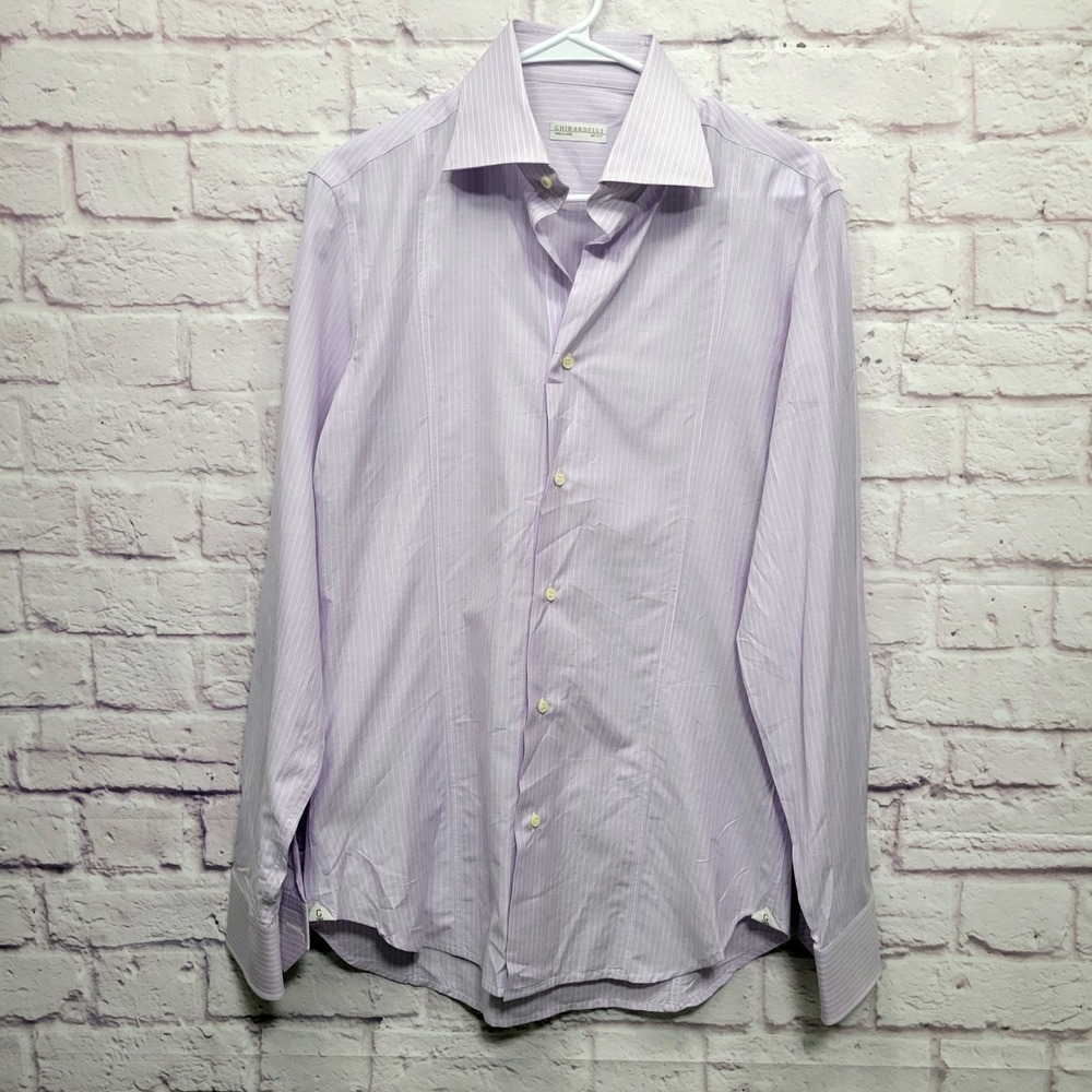Ghirardelli Napoli Italian Button Shirt Sz 41-16 (M-L) Lavender‎ Striped Italy